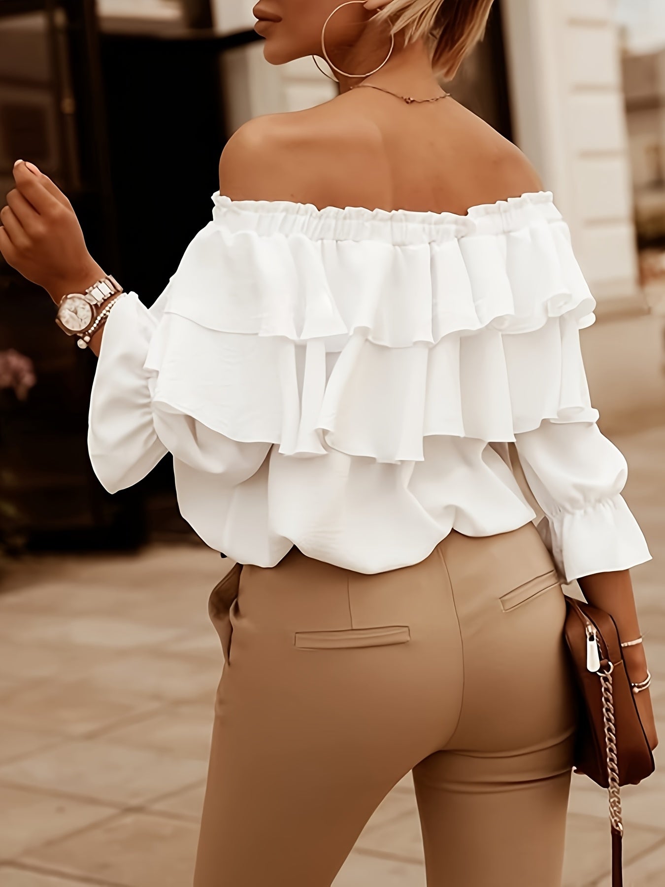 Trijntje - Chiffon schulterfreies Top mit halben Ärmeln