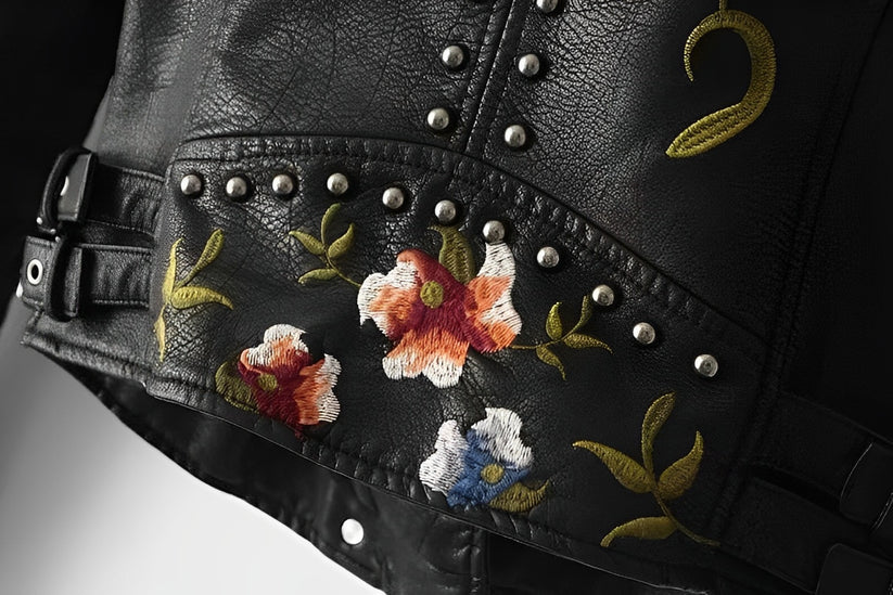 Idaira - Lederjacke mit floraler Stickerei