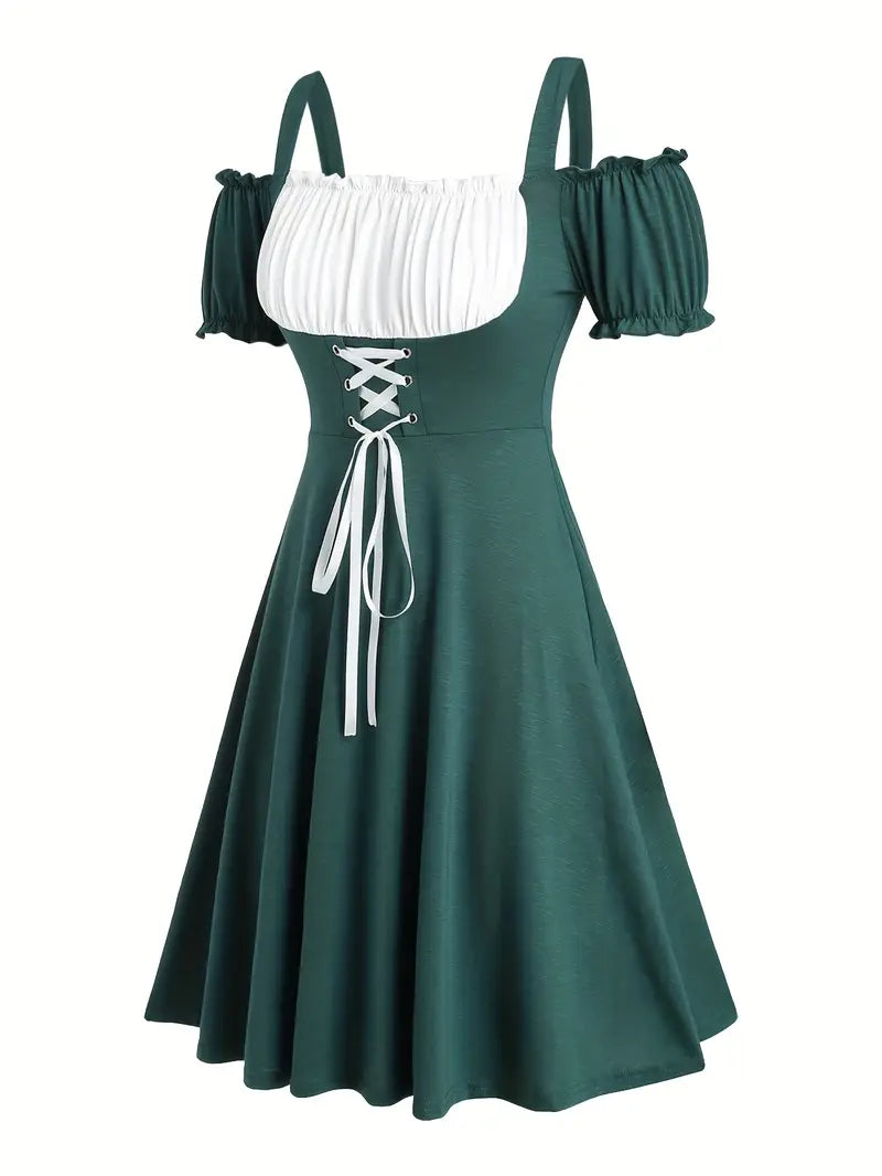 Karoline - Dunkelgrün Modisches Modernes Schulterfreies mit Trägern Plissiertes Oktoberfestkleid