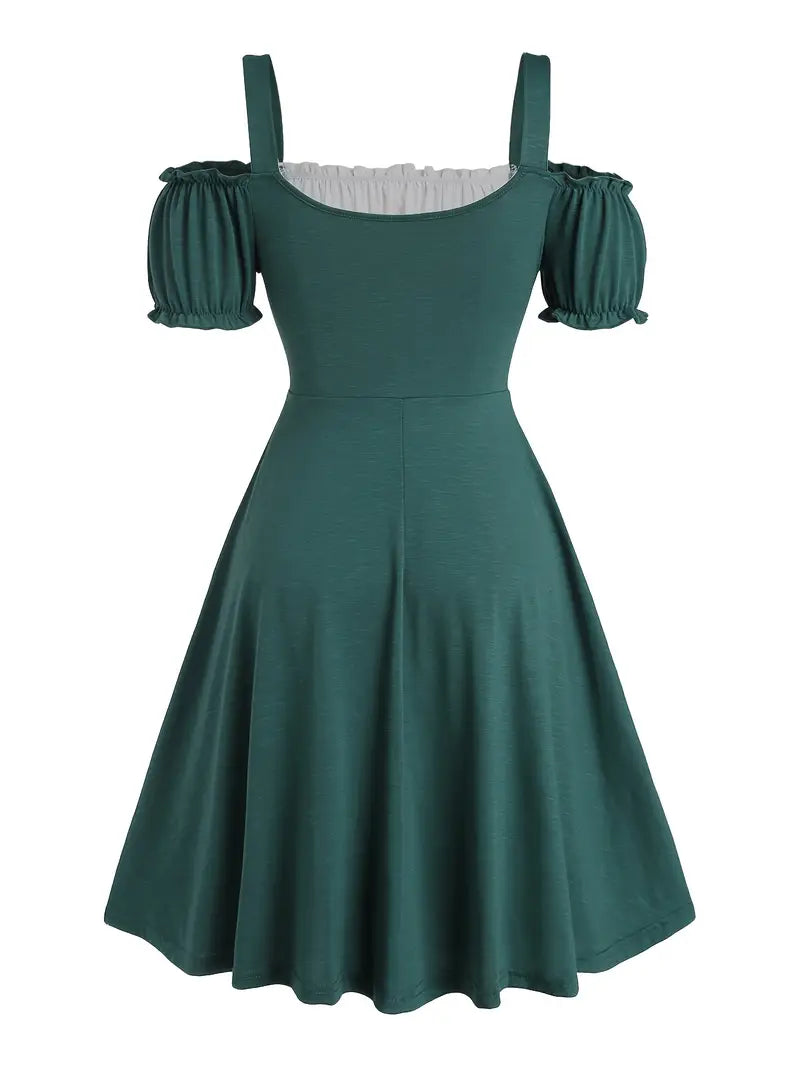 Karoline - Dunkelgrün Modisches Modernes Schulterfreies mit Trägern Plissiertes Oktoberfestkleid
