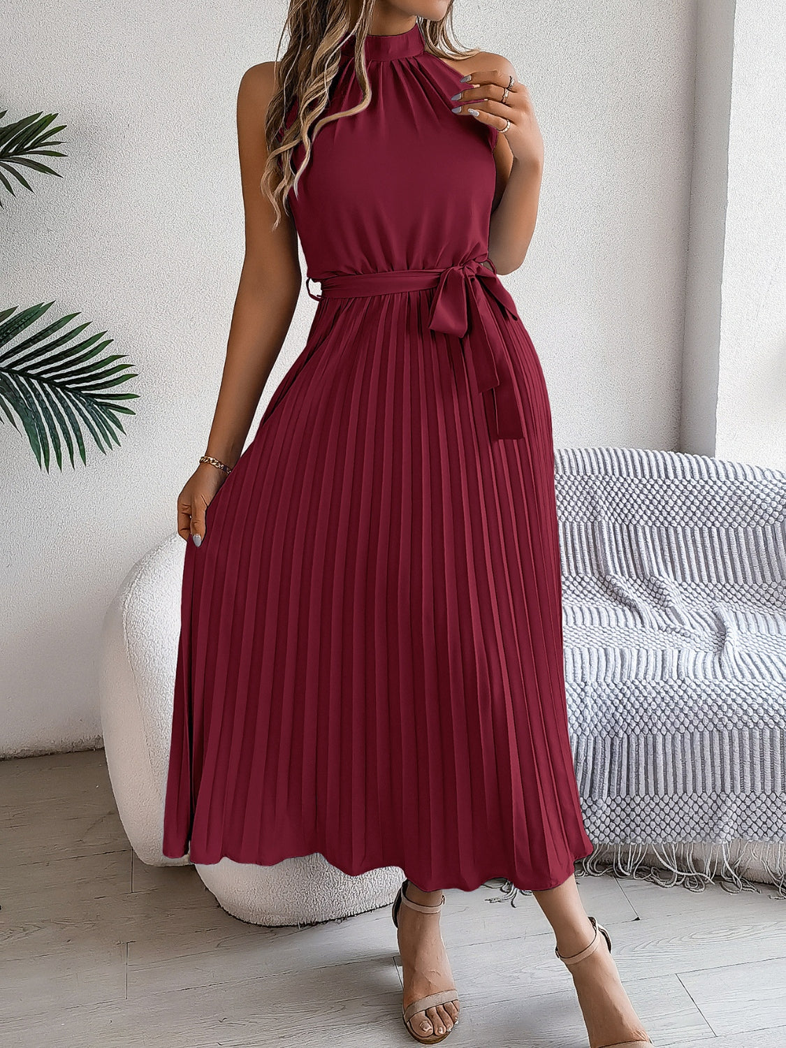 Karin - elegantes plaid lang Halfter Kleid mit Taillenband