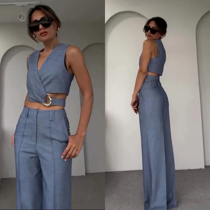 Serena - trendy zwei Stück Satz mit verkürztem Oberteil und hoher Taille weitem Bein Hosen für a modernen und eleganten Aussehen