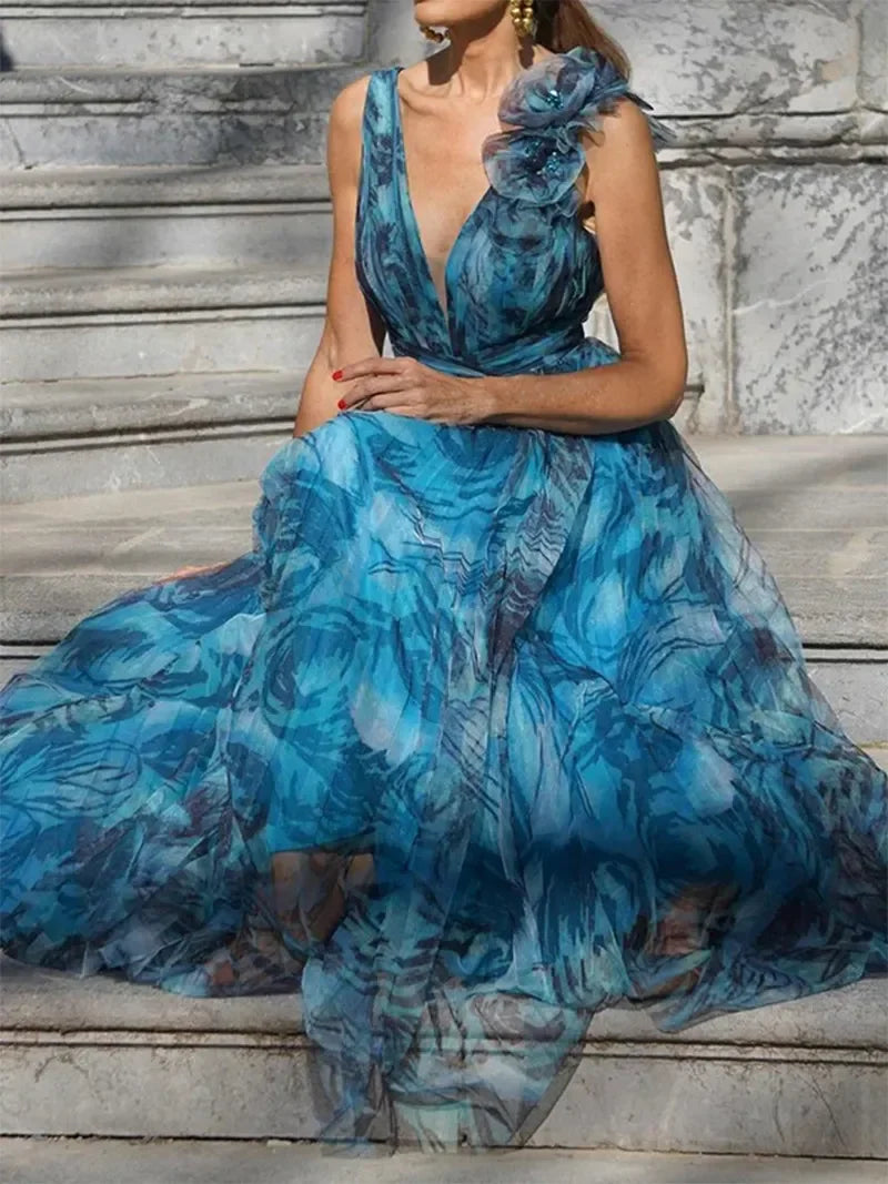 Debie - Bohème langes pfauenblaues Kleid im Sommerstil