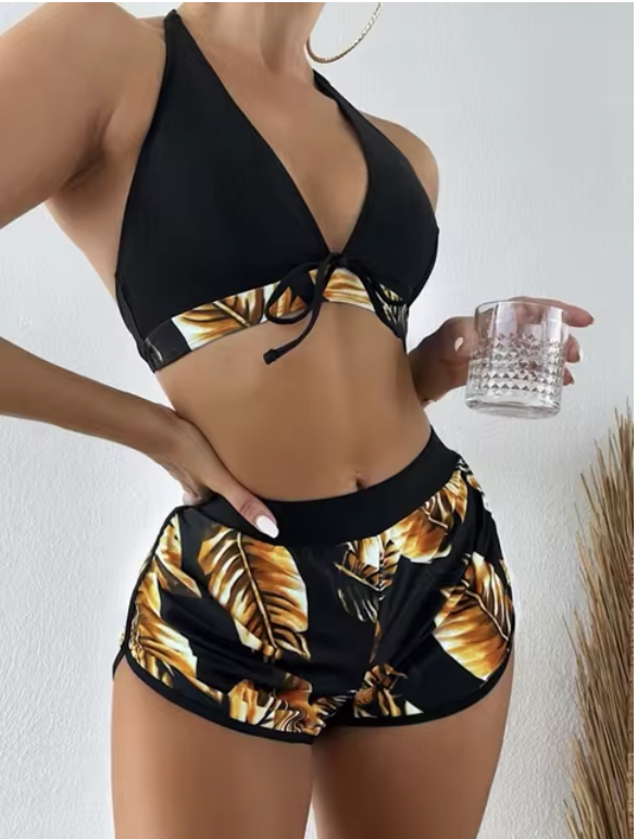 Elena - dreiteiliges Bikini-Set mit Blattdruck und hoher Taille