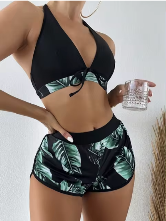 Elena - dreiteiliges Bikini-Set mit Blattdruck und hoher Taille