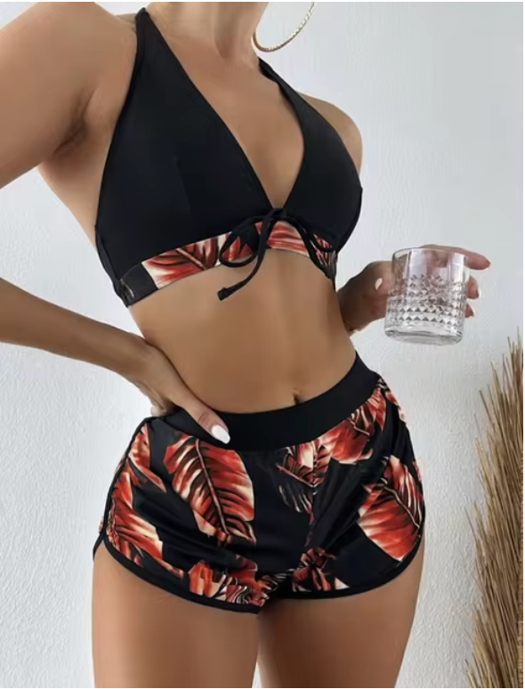 Elena - dreiteiliges Bikini-Set mit Blattdruck und hoher Taille