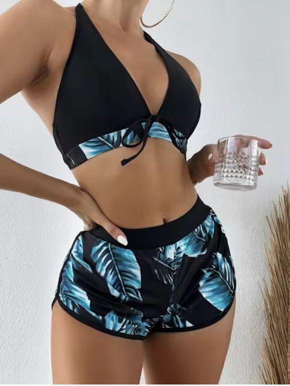 Elena - dreiteiliges Bikini-Set mit Blattdruck und hoher Taille