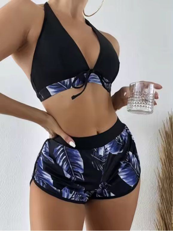 Elena - dreiteiliges Bikini-Set mit Blattdruck und hoher Taille