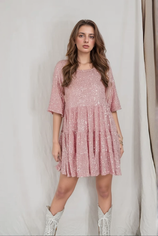 Ava - Kurzärmeliges Kleid mit Paillettenfalten