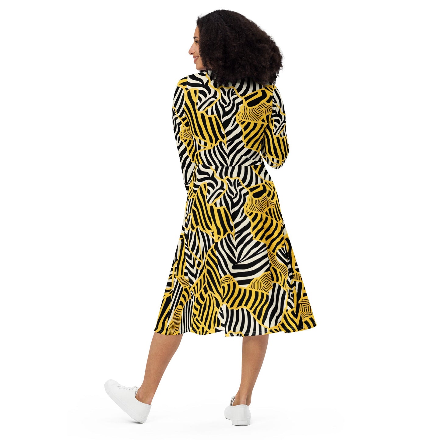 Astrid - Zebralicious Langärmeliges Midikleid mit hohem Ausschnitt in Schwarz Weiß Gelb Safari Print