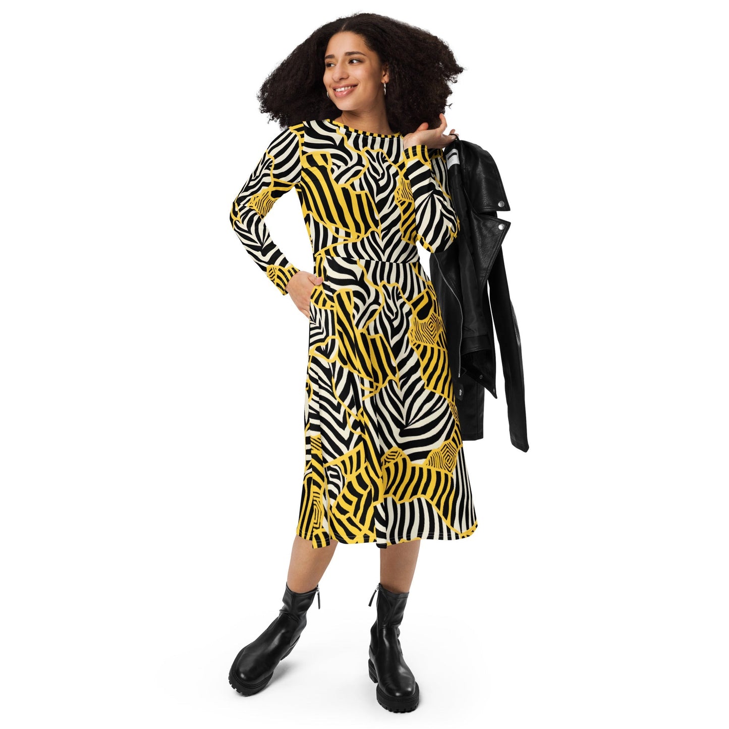Astrid - Zebralicious Langärmeliges Midikleid mit hohem Ausschnitt in Schwarz Weiß Gelb Safari Print