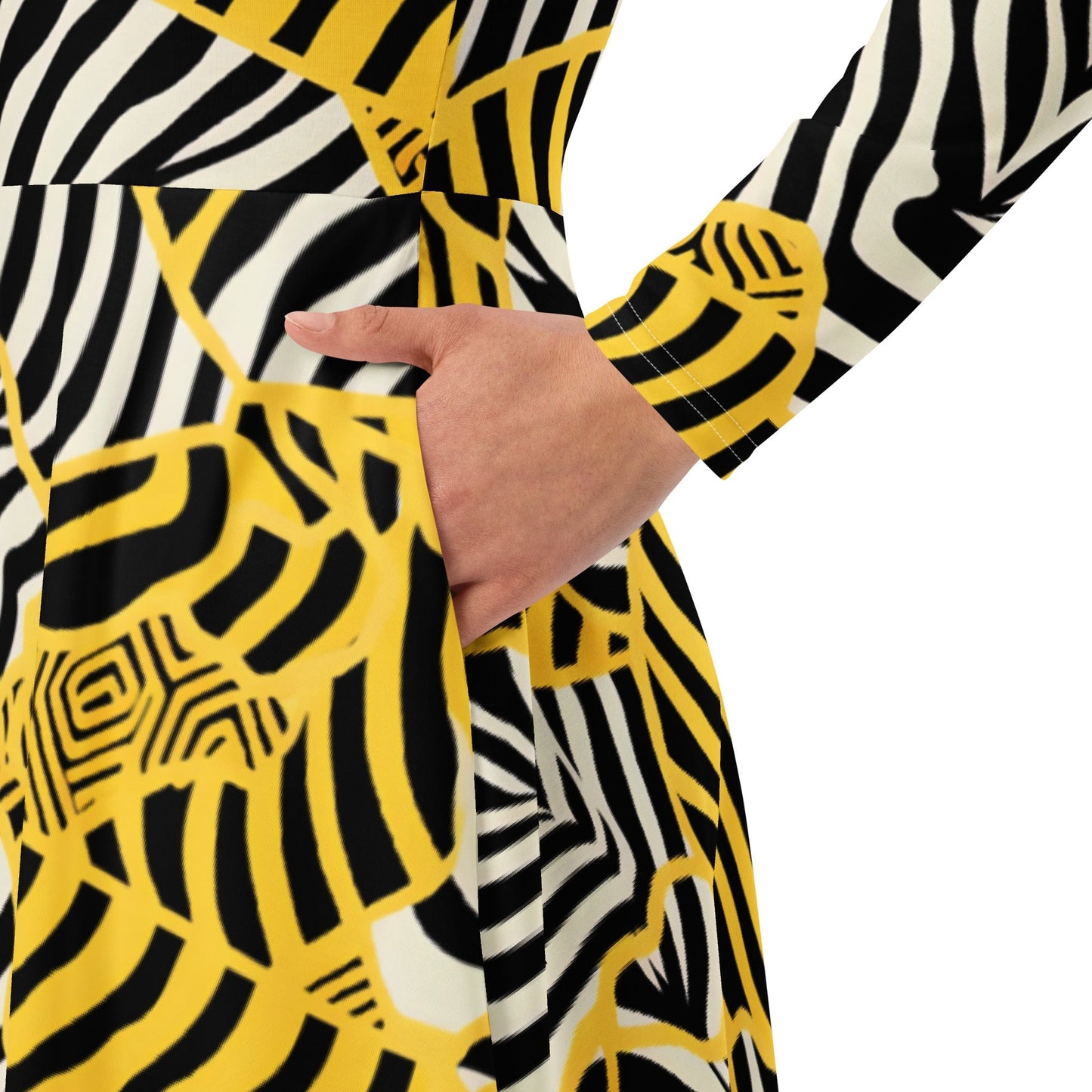 Astrid - Zebralicious Langärmeliges Midikleid mit hohem Ausschnitt in Schwarz Weiß Gelb Safari Print