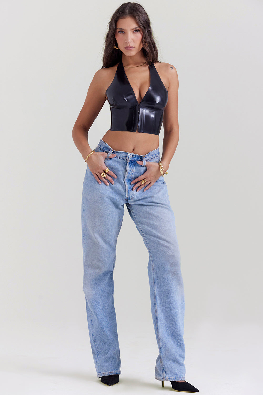 Romina - schwarz Latex Halfter Top