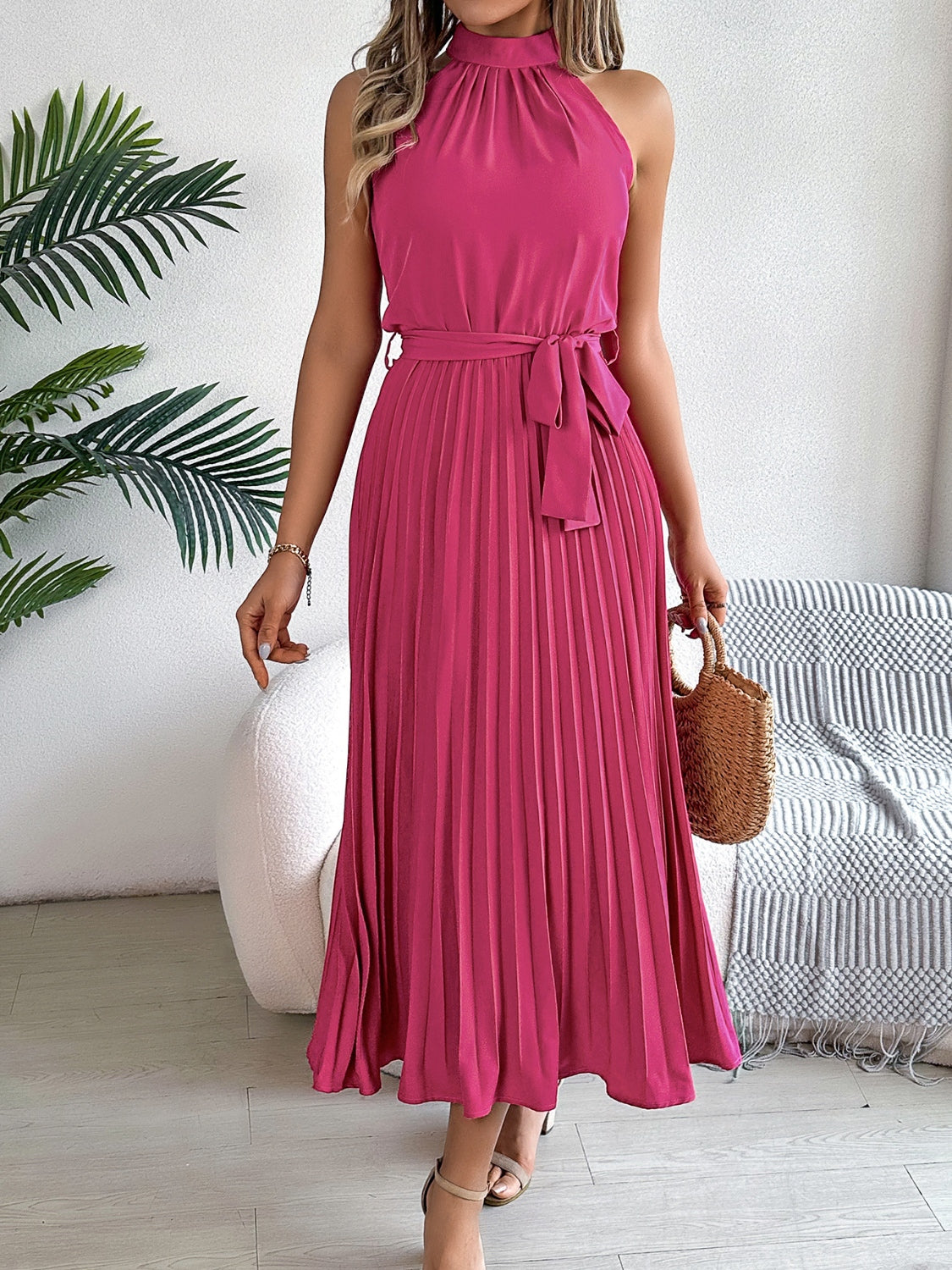 Karin - elegantes plaid lang Halfter Kleid mit Taillenband