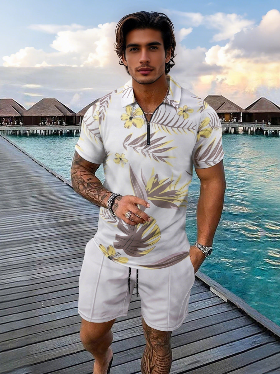 Max - Zweiteiliges Sommer-Strand-Set aus Shorts und Top mit kurzen Ärmeln und Reißverschlusskragen für Männer
