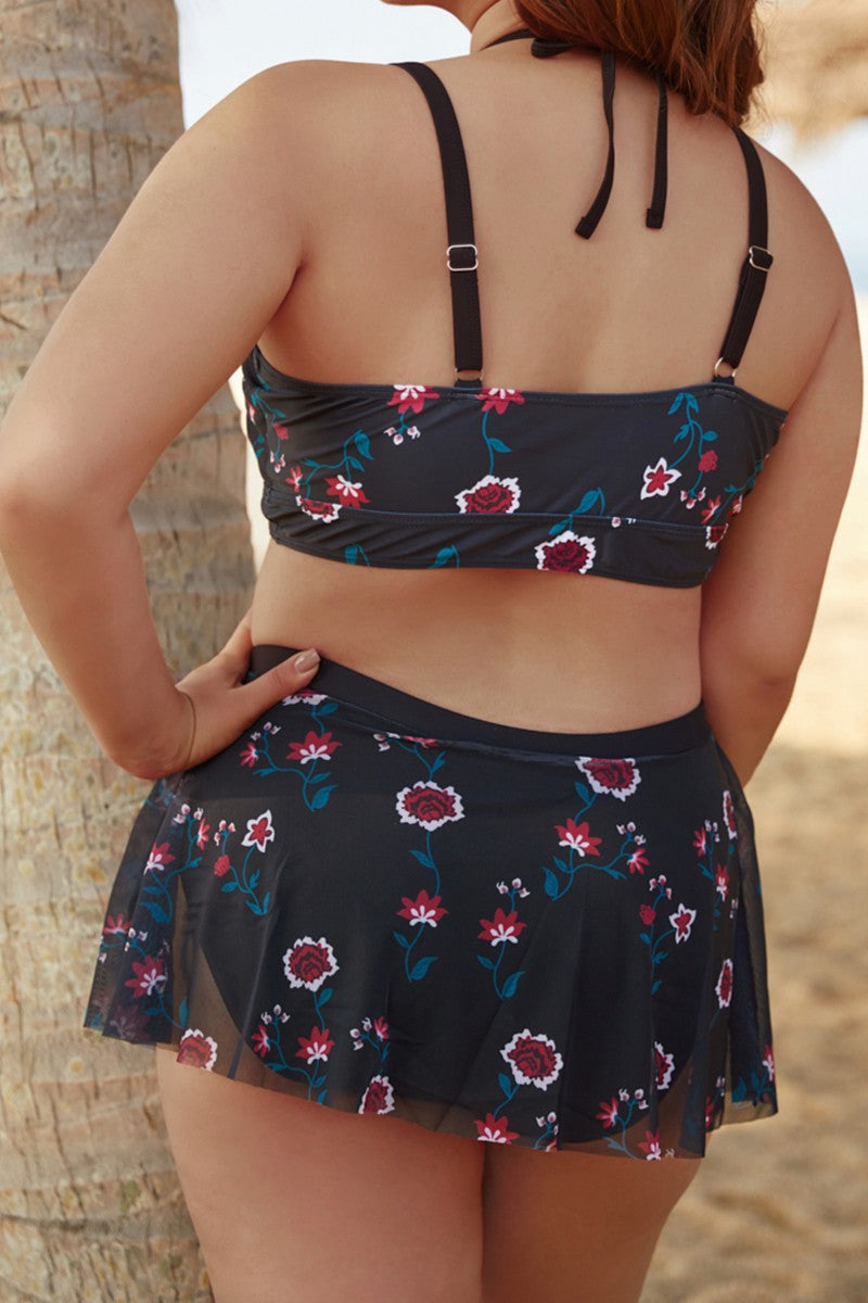 Julia - schwarz plus Größe zwei Stück Bikini-Set von Hosen Rock und Halfter Top transparent mit roten Blumen und verstellbaren Trägern