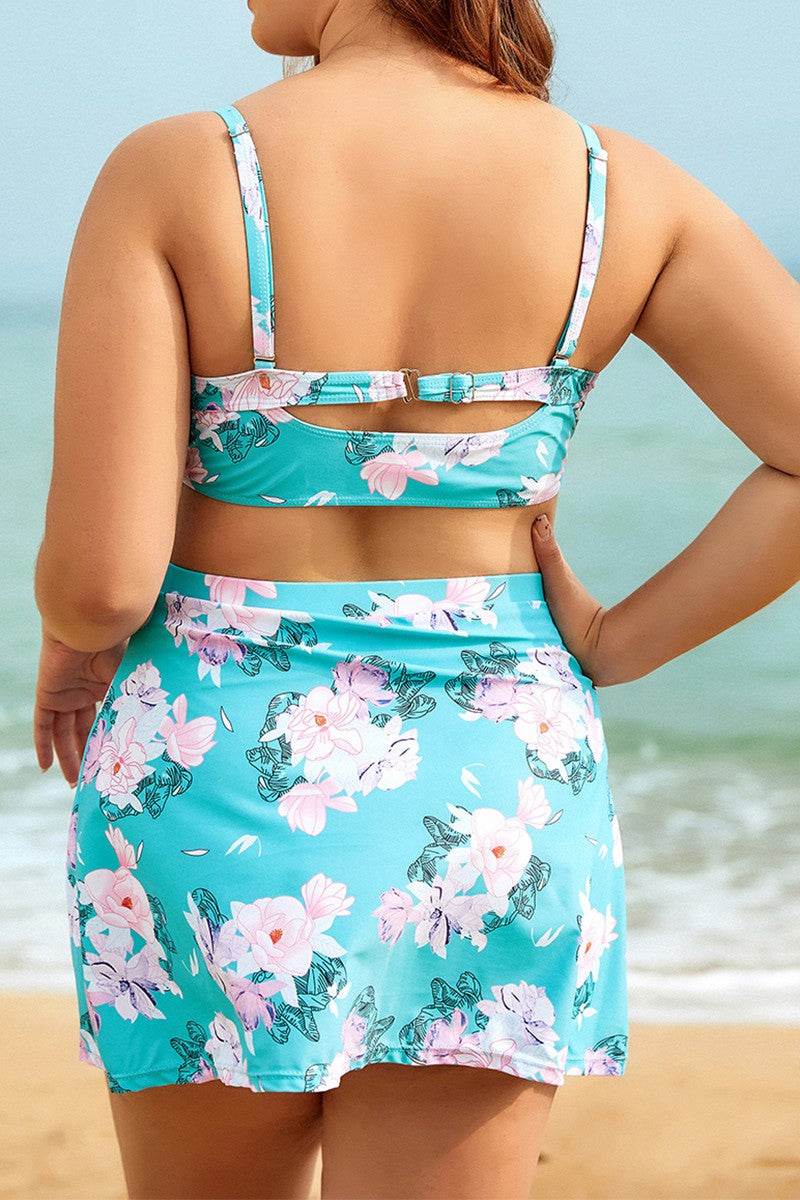 Lotte - Hellblau mit rosa Blumen Zweiteiliges Bikini Set Plus Size mit Balconette BH und Rock