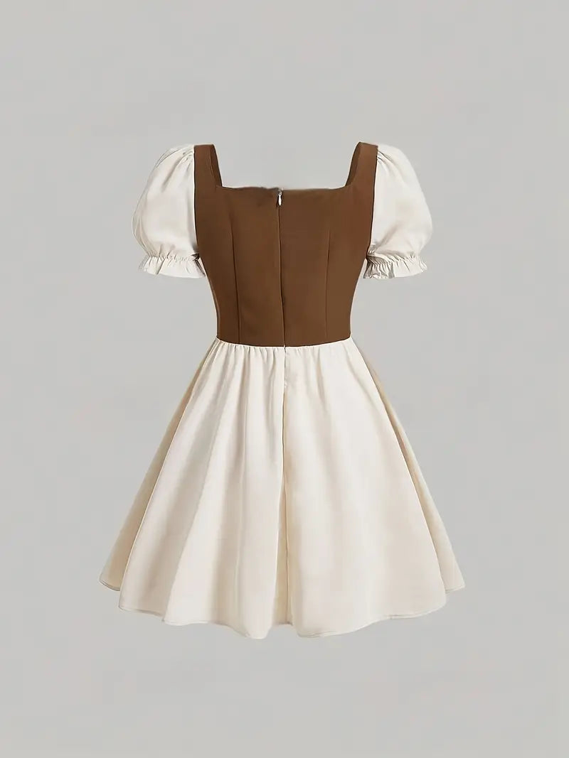 Agnes - Beige mit braunem Oktoberfest-Faltenkleid mit Korsettschnüren