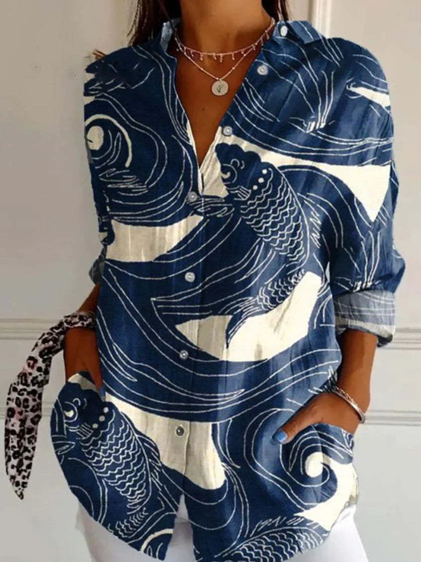 Maria - Atmungsaktives Baumwoll-Lässig Langarm-Lose Shirtkleid mit kreativen Mustern für Frauen