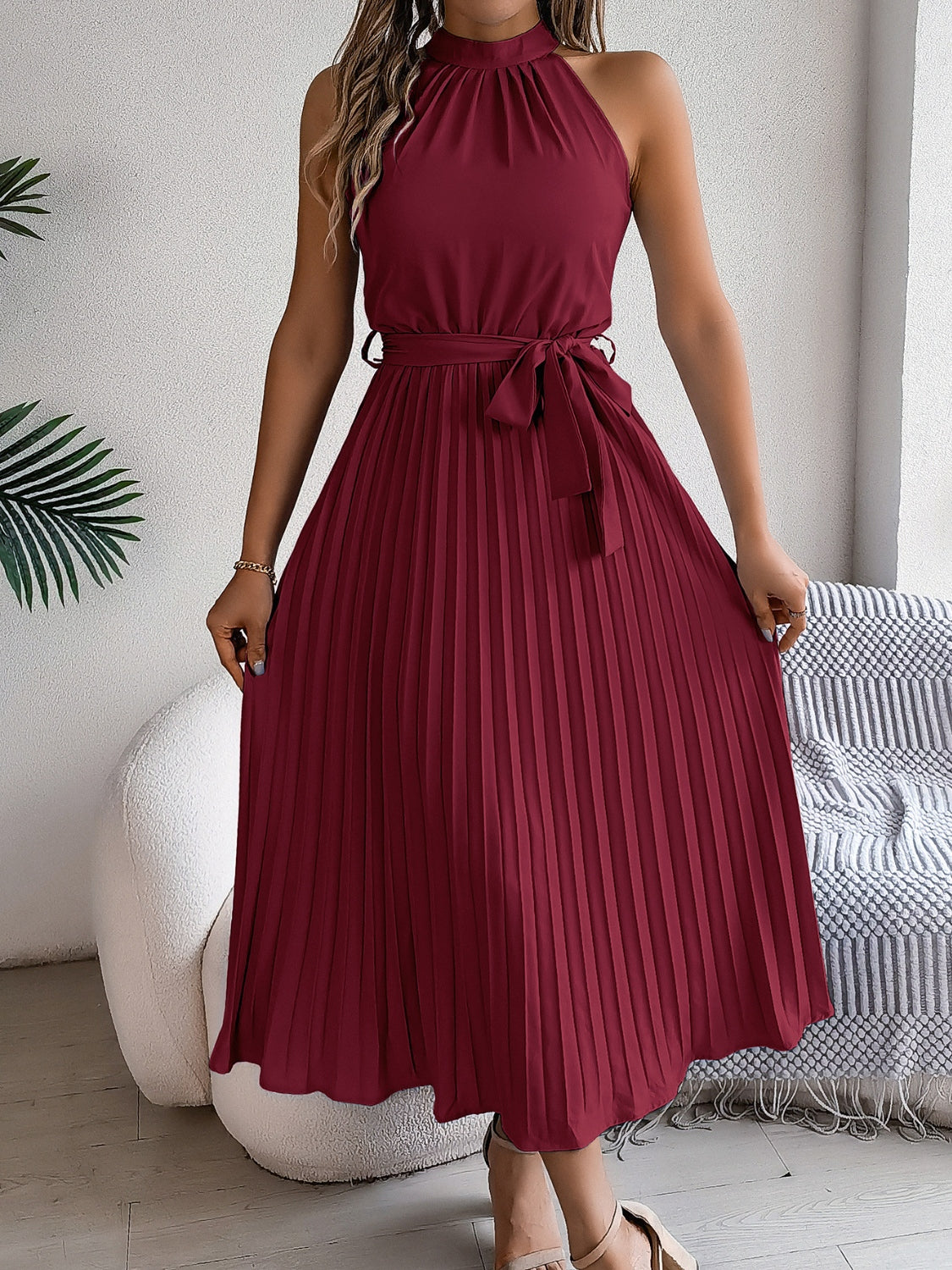 Karin - elegantes plaid lang Halfter Kleid mit Taillenband