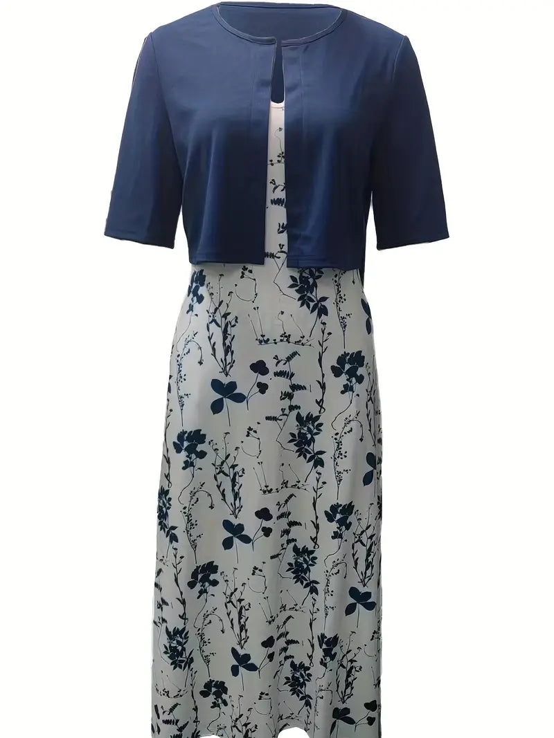 Anna - Elegantes zweiteiliges Set aus einfarbigem Strickjackenoberteil und geblümtem Kleid mit Rundhalsausschnitt