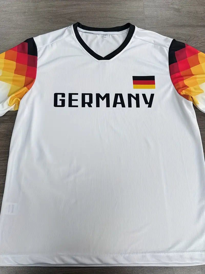Felix - Weißes Deutschland Fußball-Sport-T-Shirt mit kurzen Ärmeln und hohem Halsausschnitt