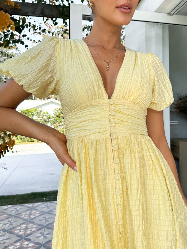 Lotte - Solide Soft Color Knopfverschluss Kleid mit V-Ausschnitt kurze Puffärmel und schlanke Taille