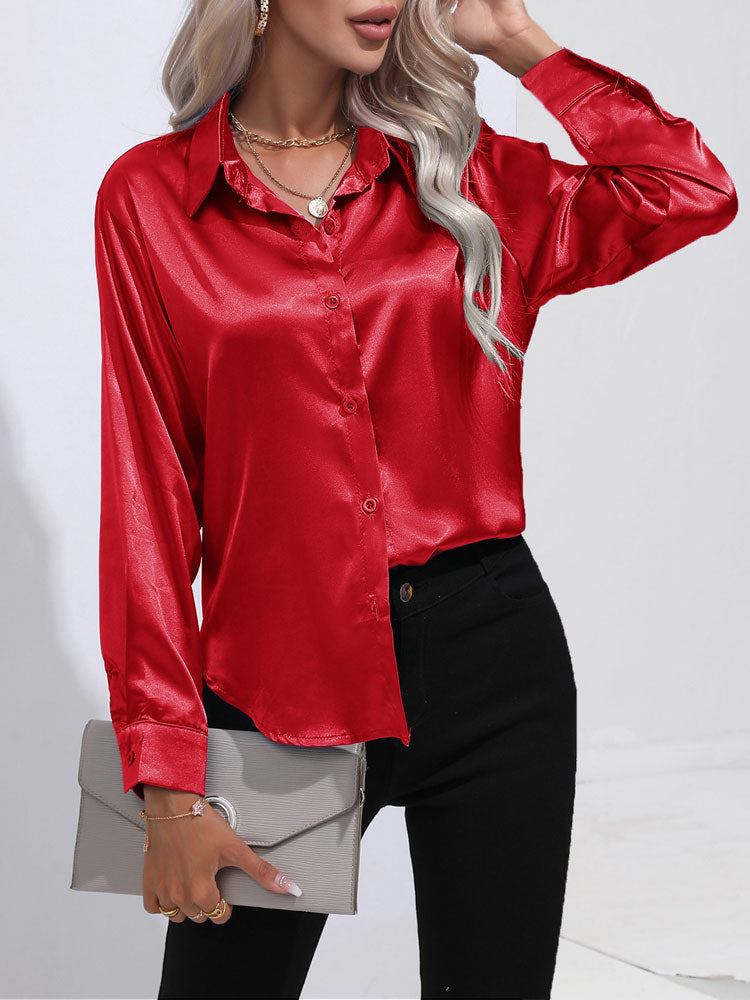 Mallie - Satin glänzende bequeme Knopf Damenbluse