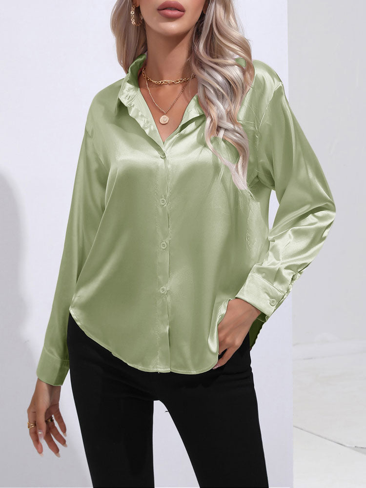 Mallie - Satin glänzende bequeme Knopf Damenbluse