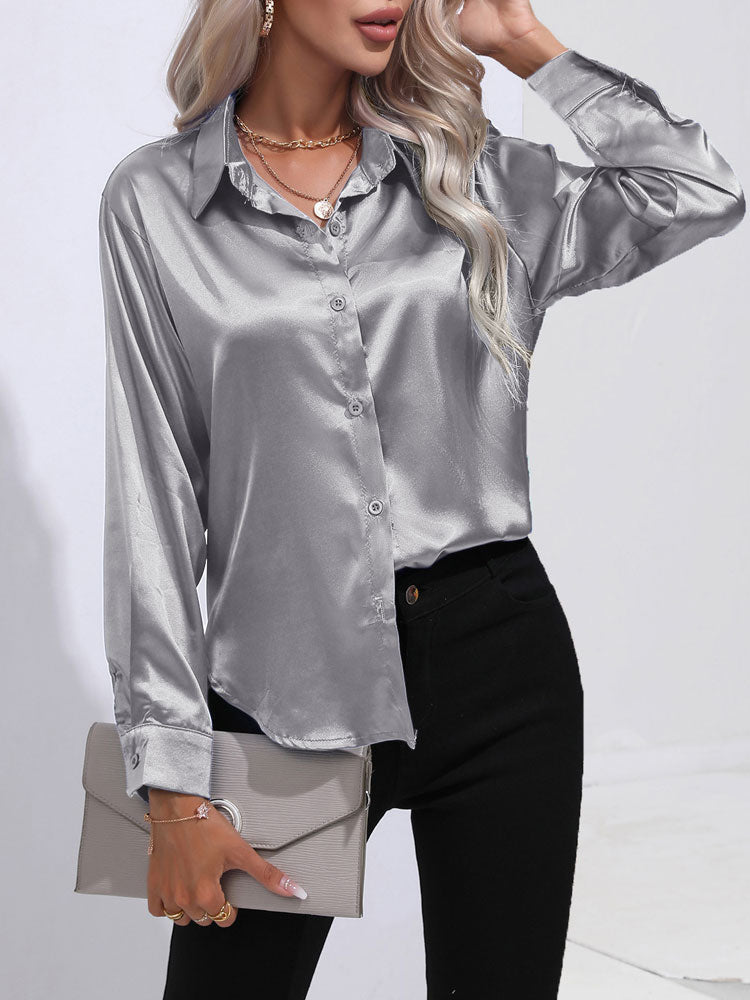 Mallie - Satin glänzende bequeme Knopf Damenbluse