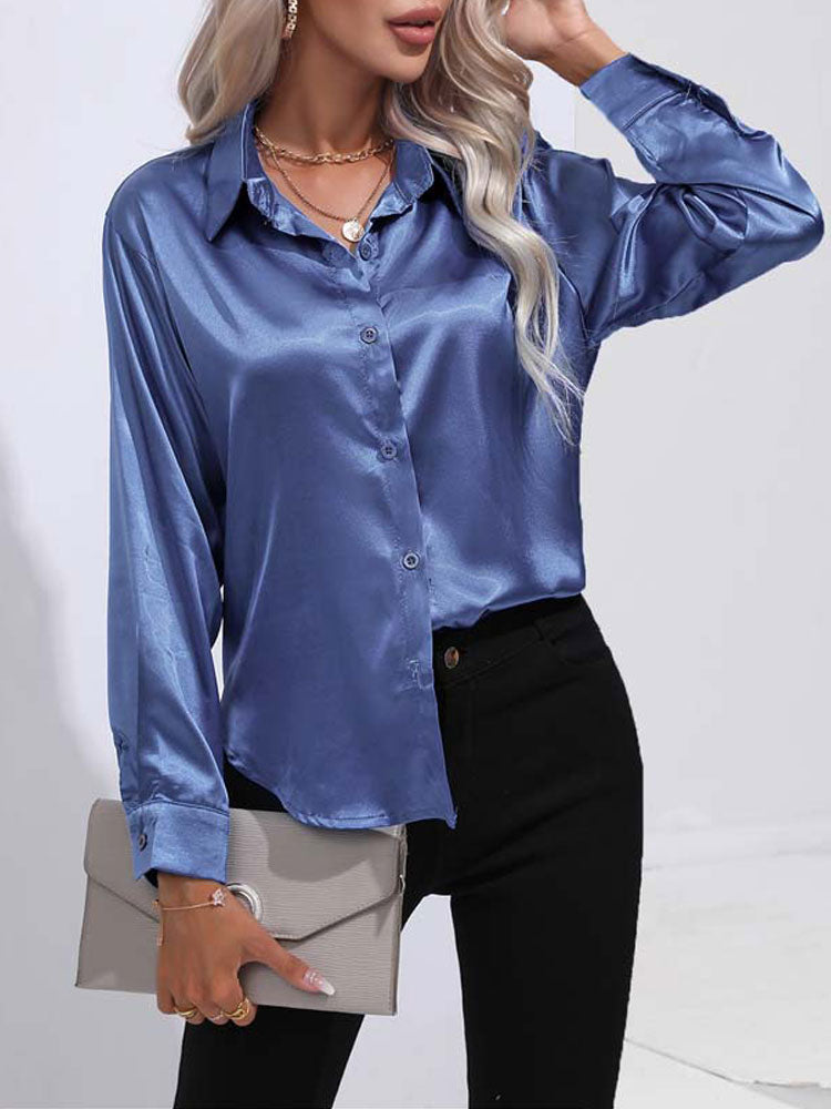Mallie - Satin glänzende bequeme Knopf Damenbluse