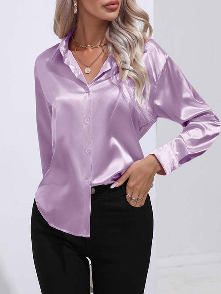 Mallie - Satin glänzende bequeme Knopf Damenbluse