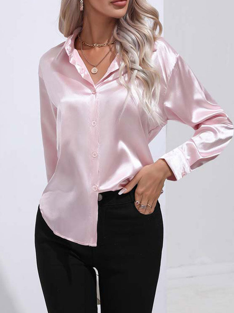 Mallie - Satin glänzende bequeme Knopf Damenbluse