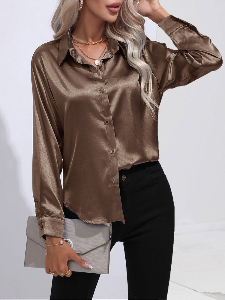 Mallie - Satin glänzende bequeme Knopf Damenbluse