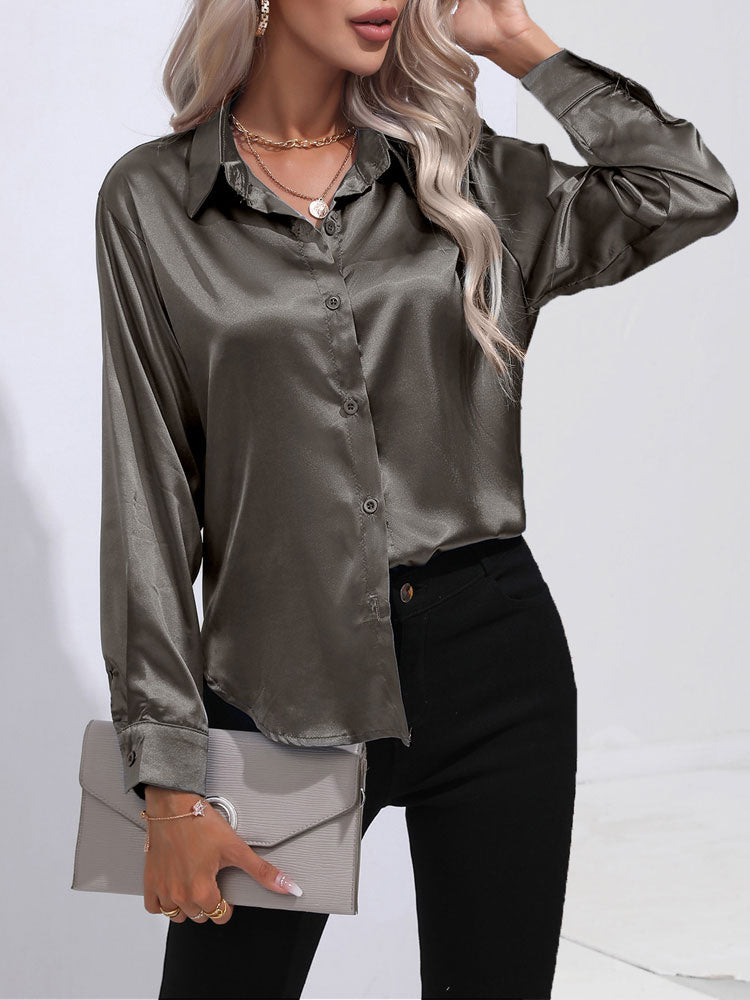 Mallie - Satin glänzende bequeme Knopf Damenbluse