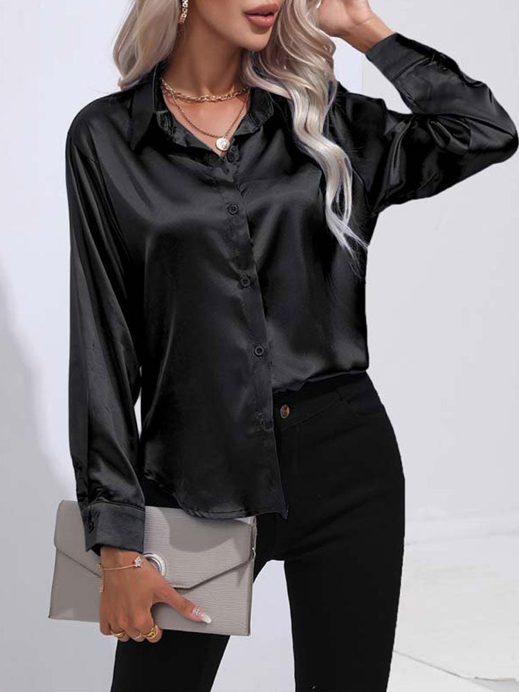 Mallie - Satin glänzende bequeme Knopf Damenbluse