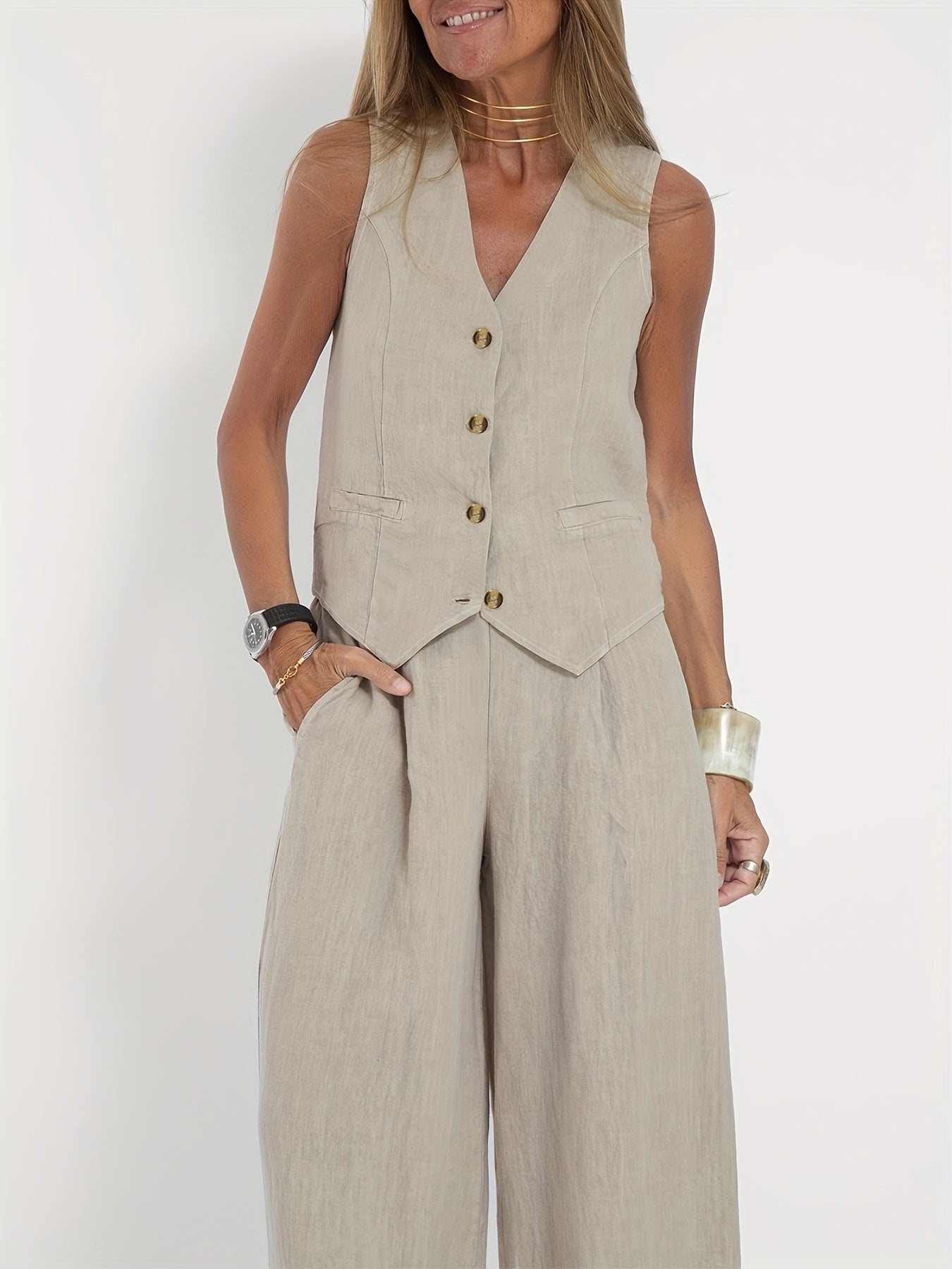 Maaike - Zweiteiler für Frauen Set aus Blazer und weiter Hose aus 100% Leinen in beige