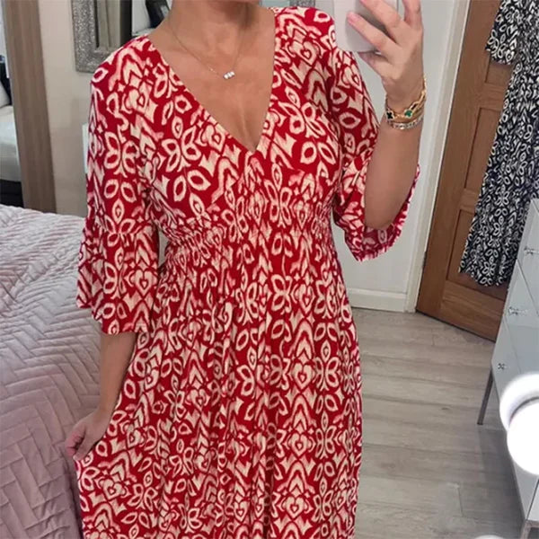 Lola - lässiges langes Kleid mit V-Ausschnitt und Wickel in der Taille