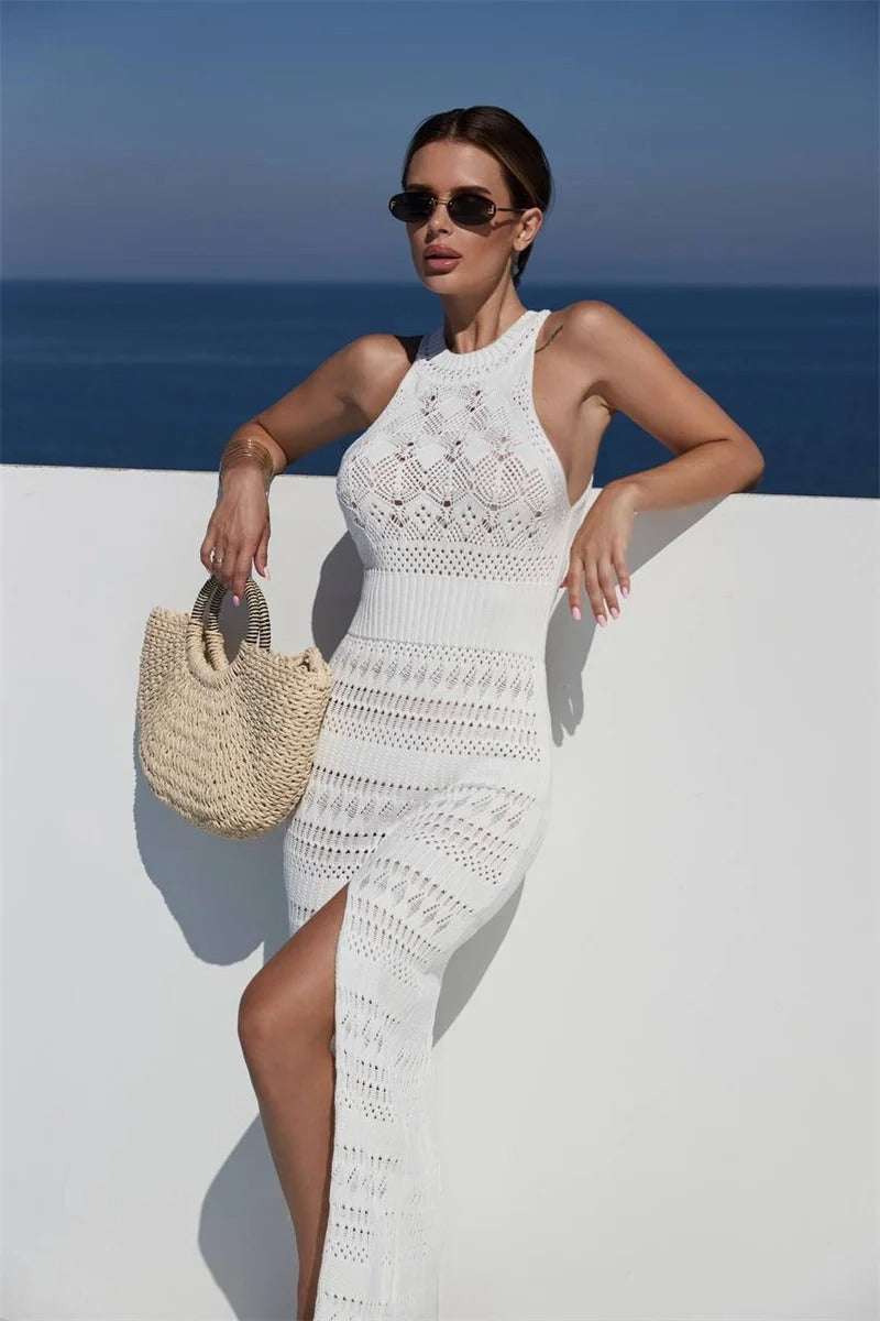 Caroline - ärmelloses langes Strickkleid mit hohem Schlitz