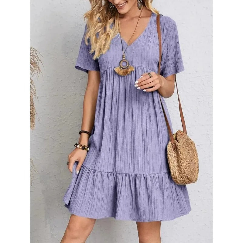 Godiva - Sommerkleid mit V-Ausschnitt, kurzen Ärmeln und Rüschen