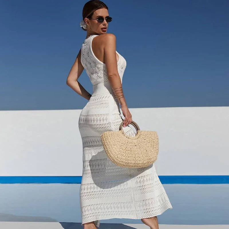 Caroline - ärmelloses langes Strickkleid mit hohem Schlitz