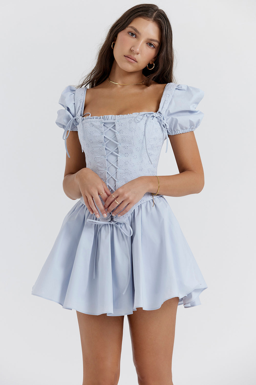 Oaklee - Weich Blau Stickerei Korsett Mini Kleid