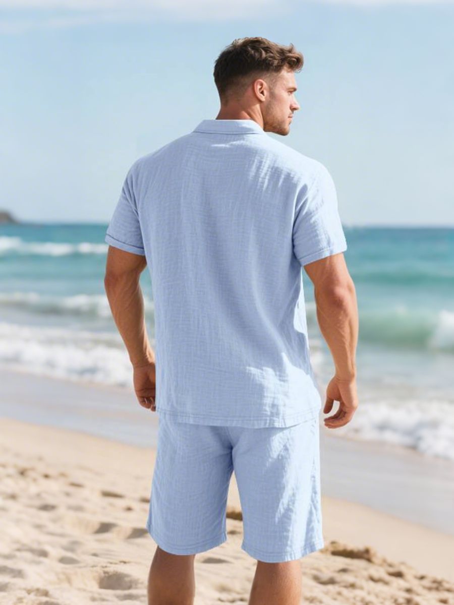 John - Zweiteilige Stück Leinen Urlaub Sommer Satz von kurz Ärmel Knopf unten Poloshirt und elastischen Taille Shorts