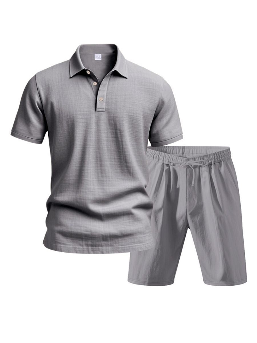 John - Zweiteilige Stück Leinen Urlaub Sommer Satz von kurz Ärmel Knopf unten Poloshirt und elastischen Taille Shorts