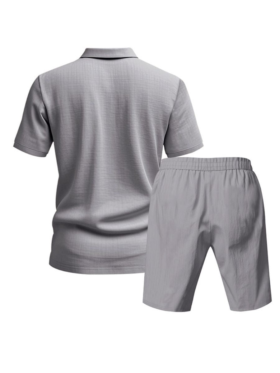 John - Zweiteilige Stück Leinen Urlaub Sommer Satz von kurz Ärmel Knopf unten Poloshirt und elastischen Taille Shorts