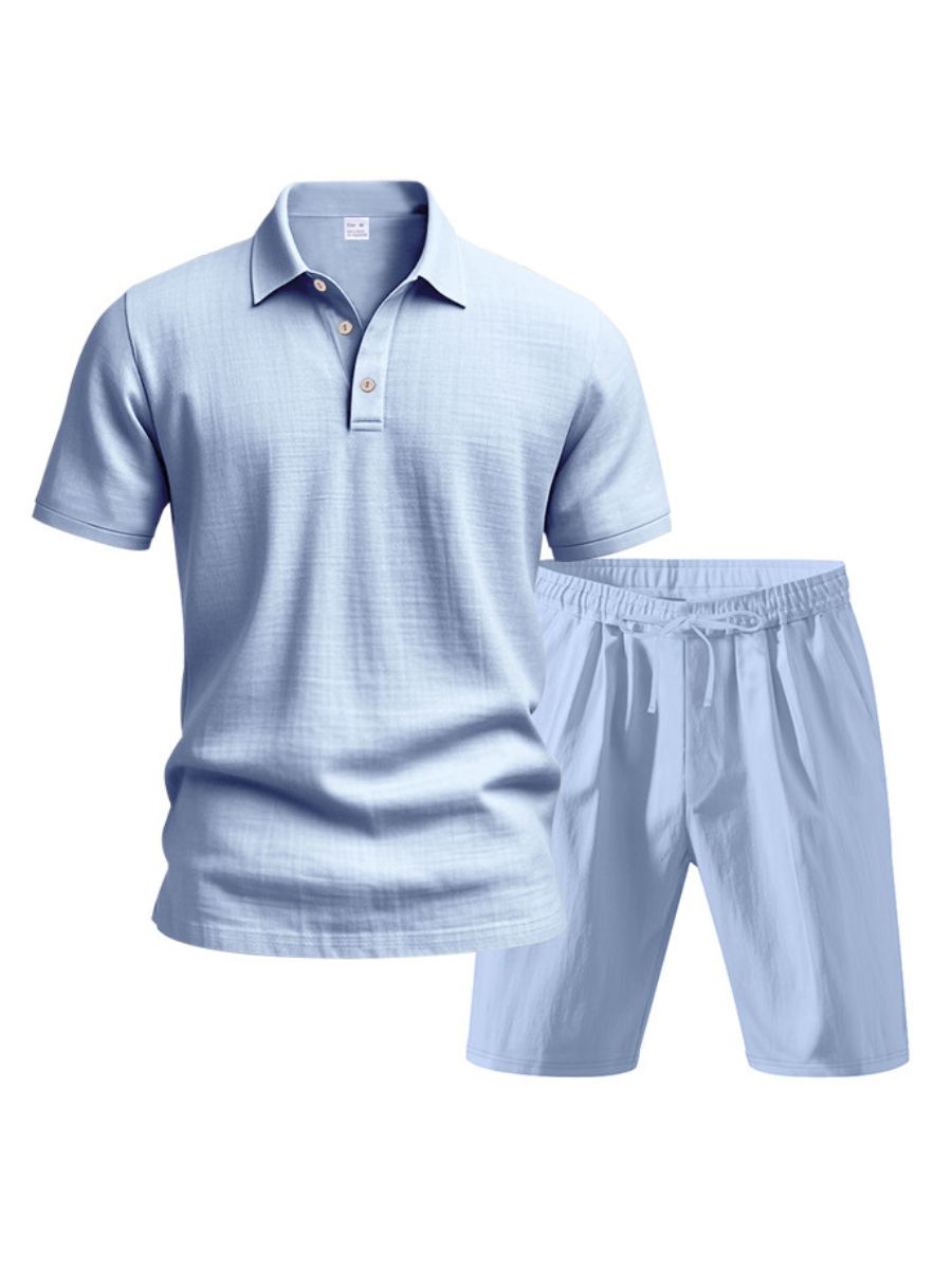 John - Zweiteilige Stück Leinen Urlaub Sommer Satz von kurz Ärmel Knopf unten Poloshirt und elastischen Taille Shorts