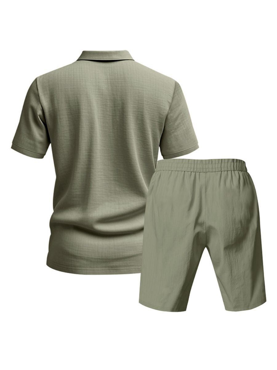 John - Zweiteilige Stück Leinen Urlaub Sommer Satz von kurz Ärmel Knopf unten Poloshirt und elastischen Taille Shorts