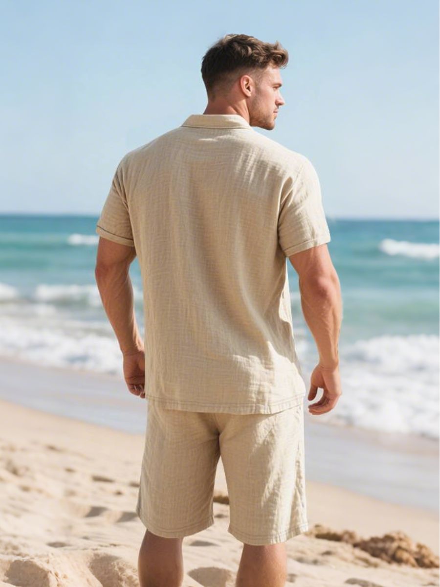 John - Zweiteilige Stück Leinen Urlaub Sommer Satz von kurz Ärmel Knopf unten Poloshirt und elastischen Taille Shorts