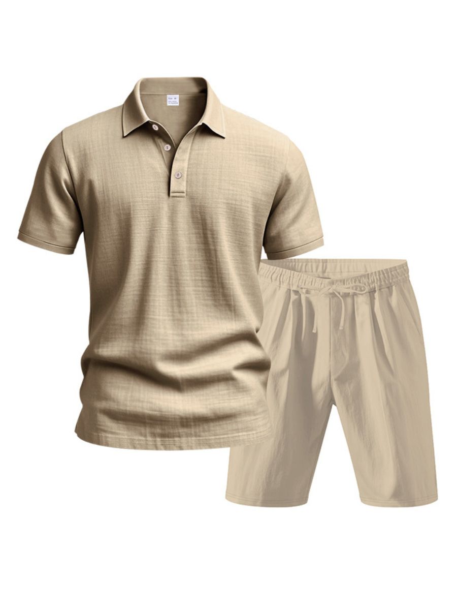 John - Zweiteilige Stück Leinen Urlaub Sommer Satz von kurz Ärmel Knopf unten Poloshirt und elastischen Taille Shorts