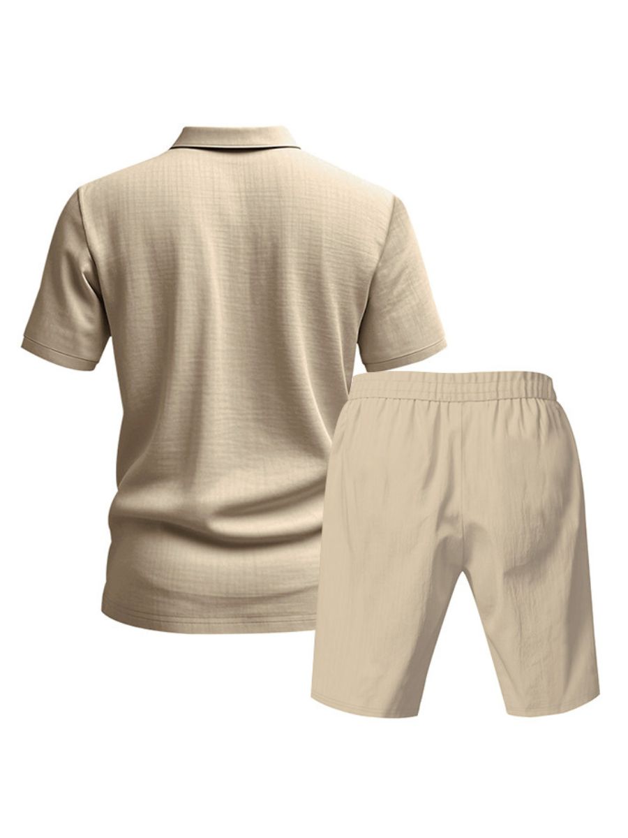 John - Zweiteilige Stück Leinen Urlaub Sommer Satz von kurz Ärmel Knopf unten Poloshirt und elastischen Taille Shorts